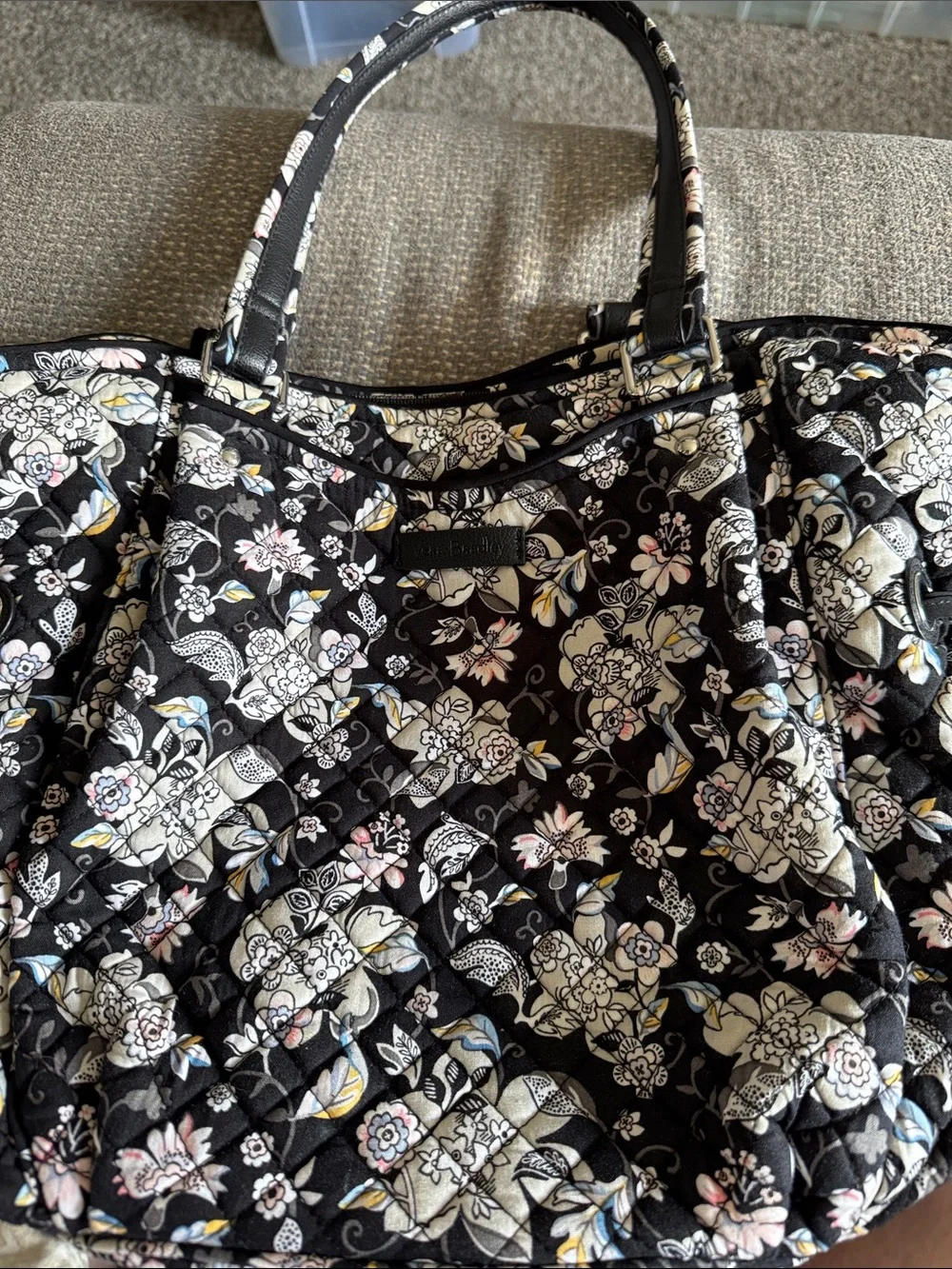 Vera Bradley Black Quilted Floral Tote with Cream, Pink & Light Blue Accents